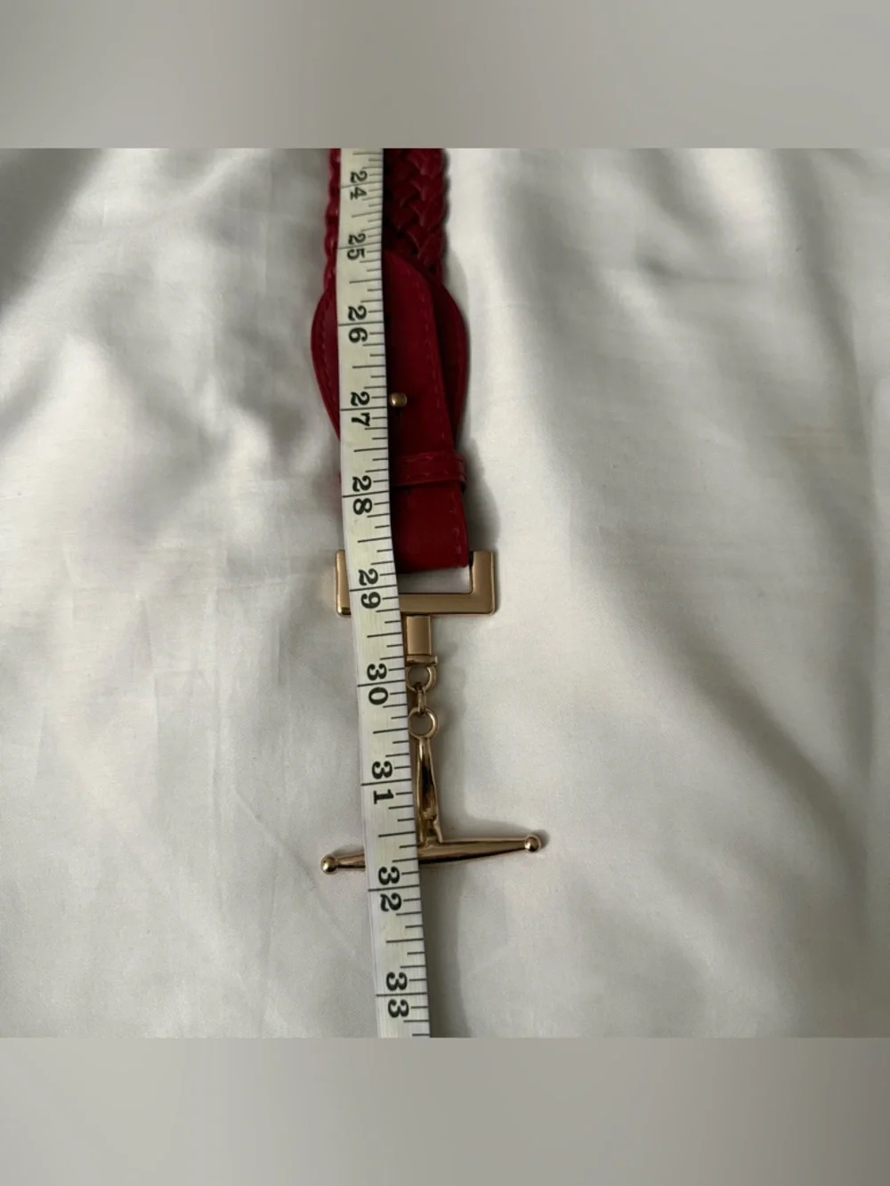 Burgundy braided PU leather elastic waistband skinny belt with gold tone buckle